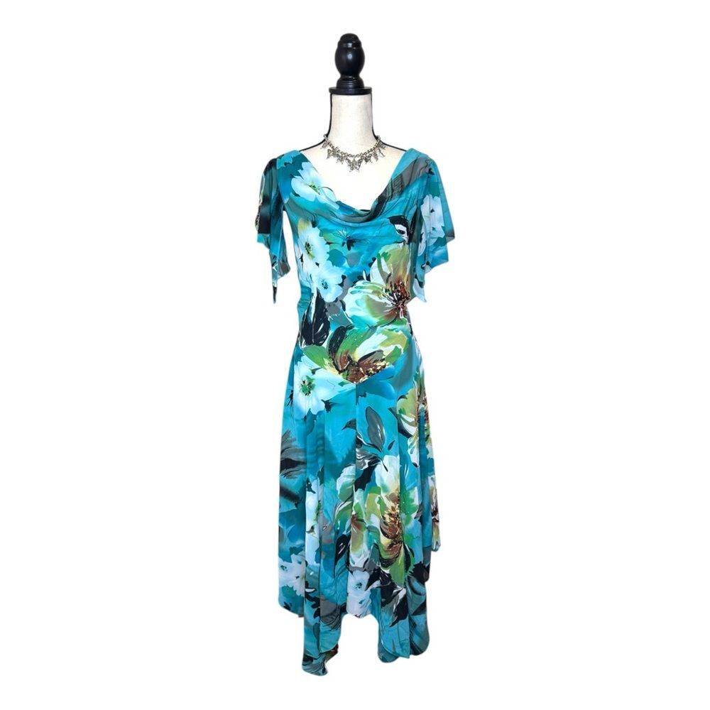 Signature by Robbie Bee Asymmetrical Fairy Hem Floral Blue Maxi Dress Size 14 - Picture 1 of 7